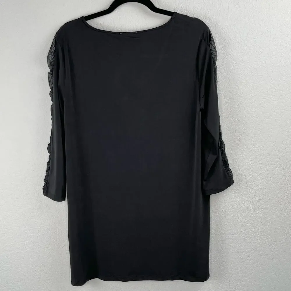 Carmen Marc Valvo Black V-Neck Sheer Mesh Sleeve Blouse NWT Large - Picture 2 of 11